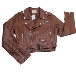 Ashley By 26 International Brown Faux Leather Motorcycle Jacket Women's Sz Large